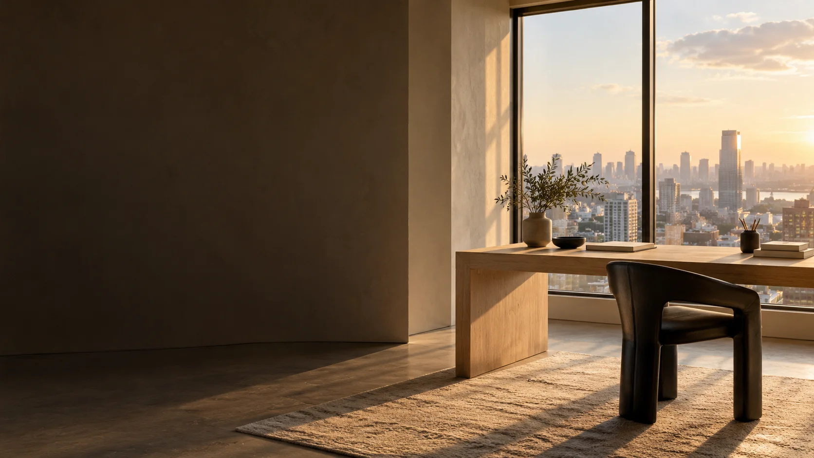 A sunlit workspace looking out across the city